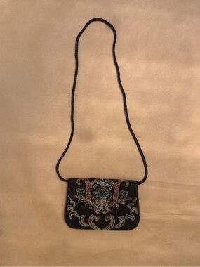 Embroidered Vintage Bead-Accent Black Crossbody Bag